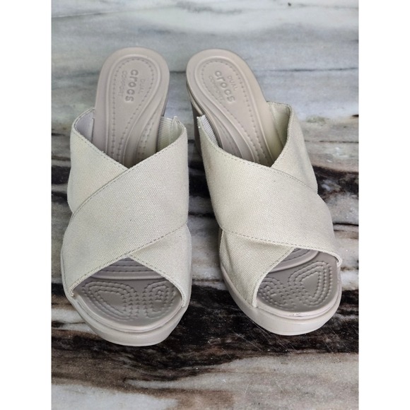 CROCS Shoes - Crocs Leigh II Canvas Cross-Strap Wedge Sandals Beige Oatmeal Womens 3 Inch sz 7